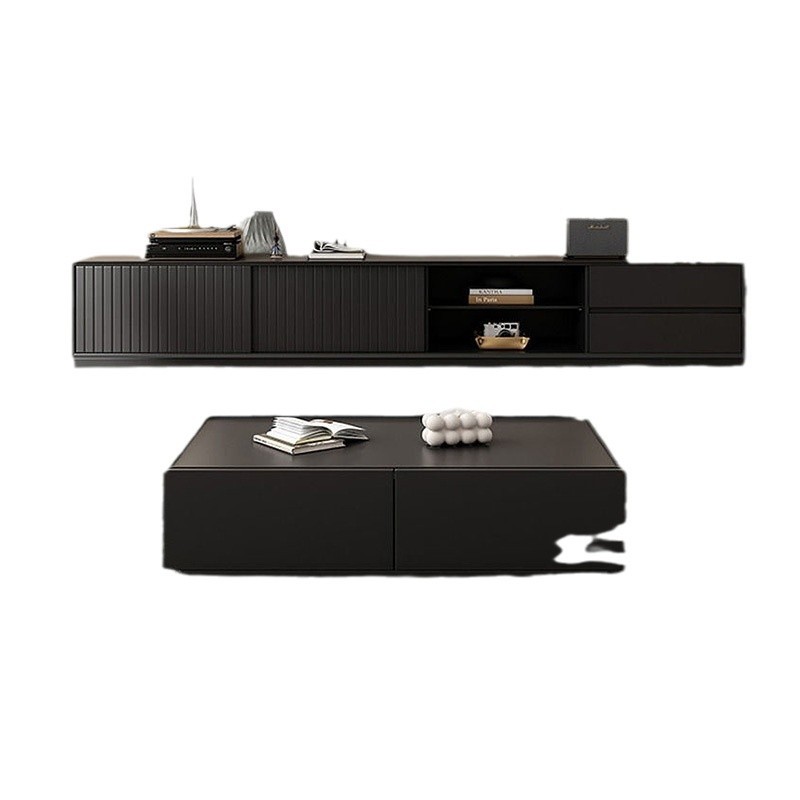 Estilo de lujo ligero moderno, estilo de alta gama, mueble de TV de madera maciza negra, sala de estar, hogar, piso simple contra la pared, apartamento grande