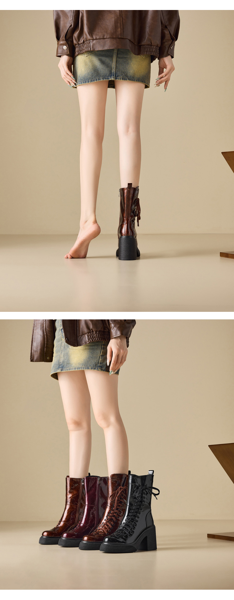 Boot nữ cổ ngắn đế dày 10 cm dây buộc mũi tròn khóa kéo bên — nhung đen chi tiết 5