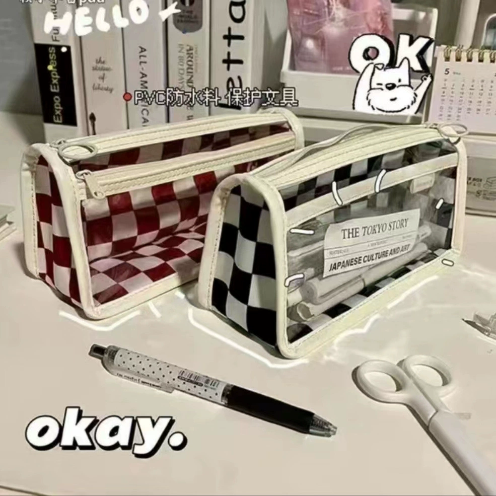 Новый пенал, устойчивый к пятнам, дешевый пенал, шахматный, прозрачный, треугольный, пенал, детская сумка для хранения канцелярских принадлежностей