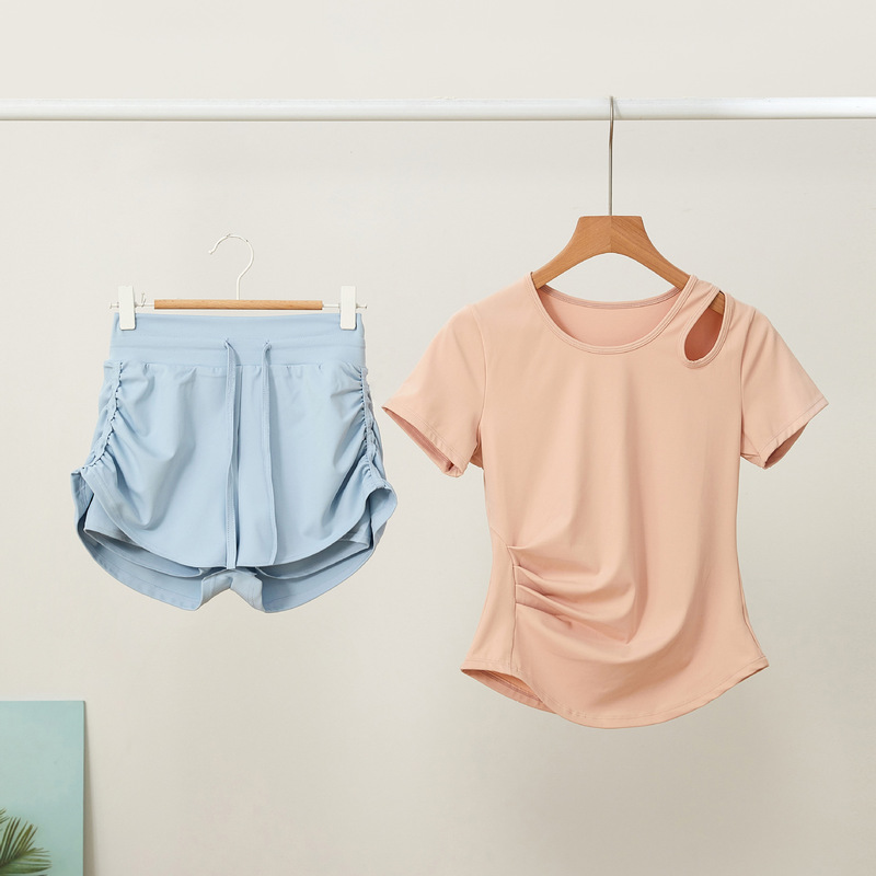 Sports Suit Short-Sleeved Suit Women's Summer Loose Fake Two-Piece Quick-Drying Shorts Running Sports Fitness Fashion Yoga