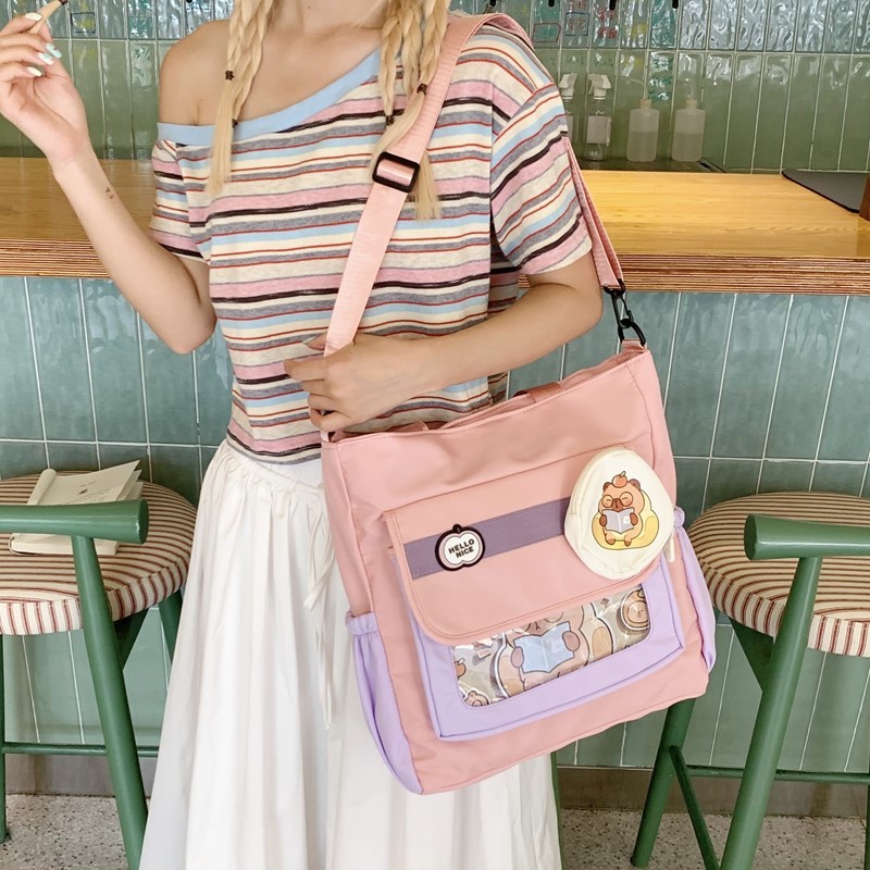 コントラストカラーステッチ 小中学生向け かわいい授業収納バッグ 和風新作二次元ガールショルダーバッグ|undefined