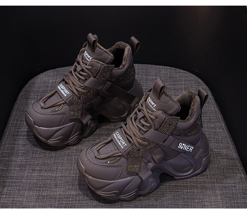 Giày sneaker nữ chunky đế dày tăng chiều cao 8cm, đính đá pha lê, dây buộc thời trang — M2991 lót đơn màu đen, M2991-1 plus nhung nâu, M2991 lót đơn màu xám, M2991-1 plus nhung xám chi tiết 23