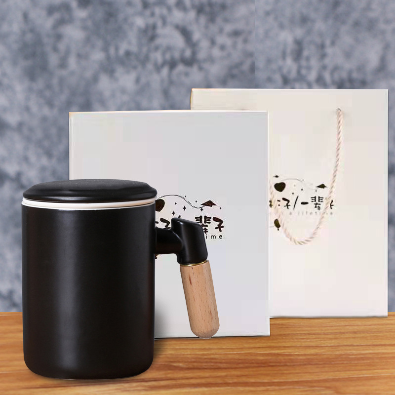 Nordic Style High-end Wooden Handle Ceramic Mug Mug With Tea Leak Three-piece Coffee Cup Creative Water Cup Logo