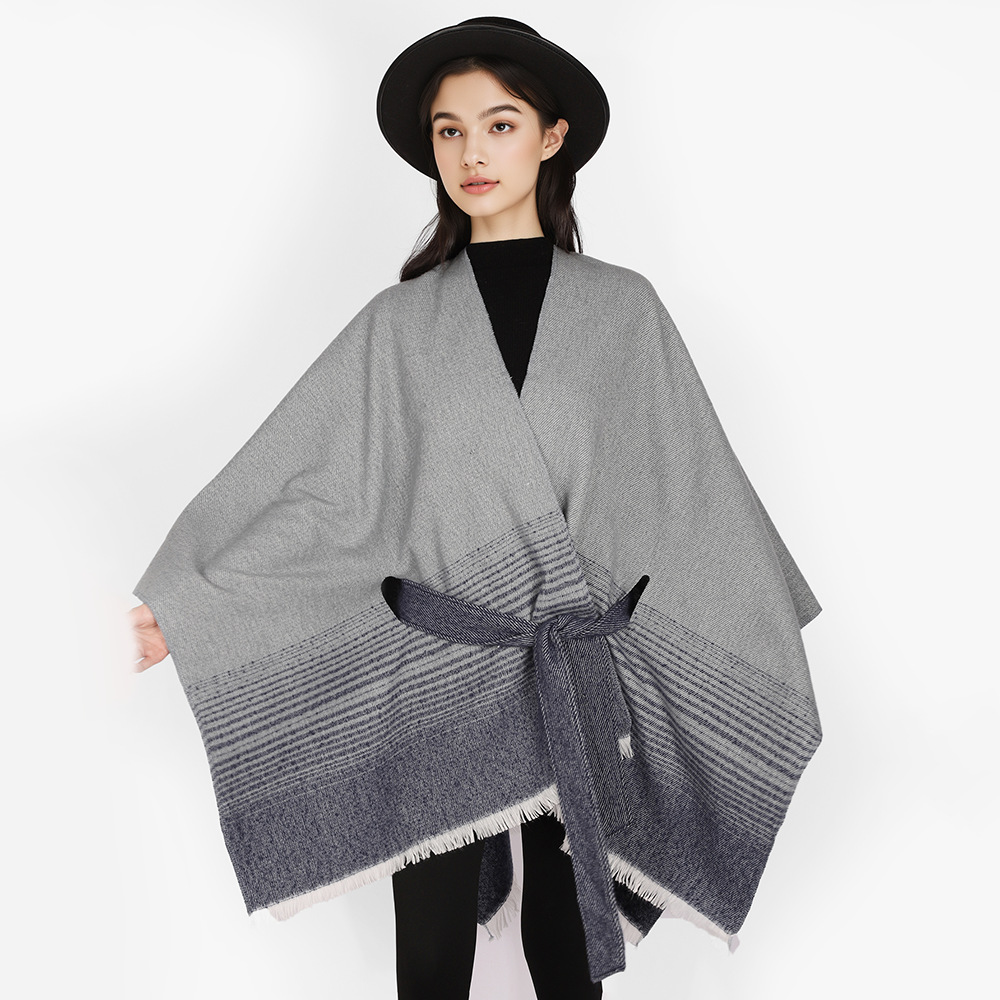 Chal nuevo estilo de nicho simple con chal grueso para mujer, capa de verano de alta calidad, cinturón, chal a rayas de doble cara