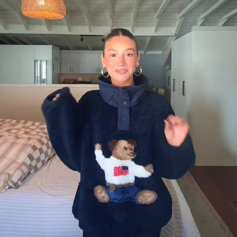 European and American Cross-Border Autumn and Winter Women's Clothing, Stand-Up Collar Cute Bear Lamb Wool Jacket, Casual Loose Commuter Top, Trendy