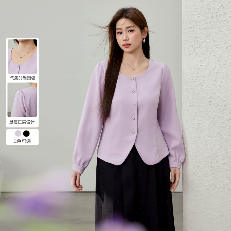 [Темперамент легкий и зрелый, простой, с круглым вырезом, дикая рубашка] Funny Show большой размер женский толстый mm2025 весенний новый