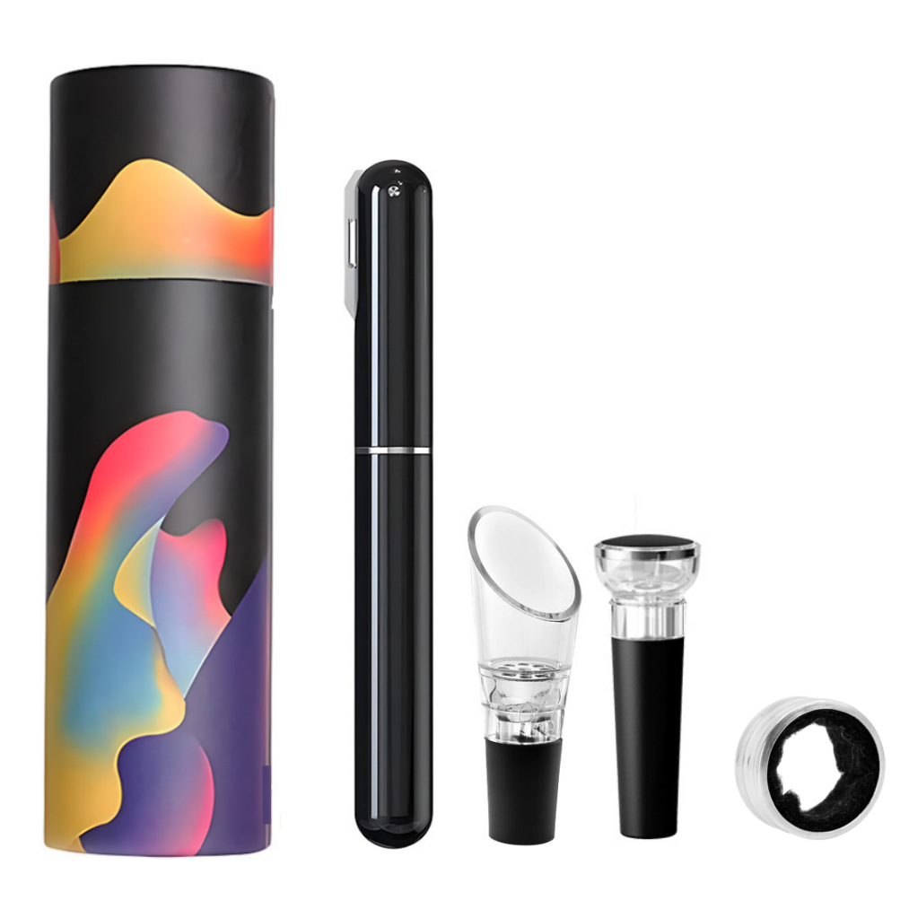 Juego de cuatro piezas de abrebotellas neumáticas cilíndrico-negro en forma de bolígrafo