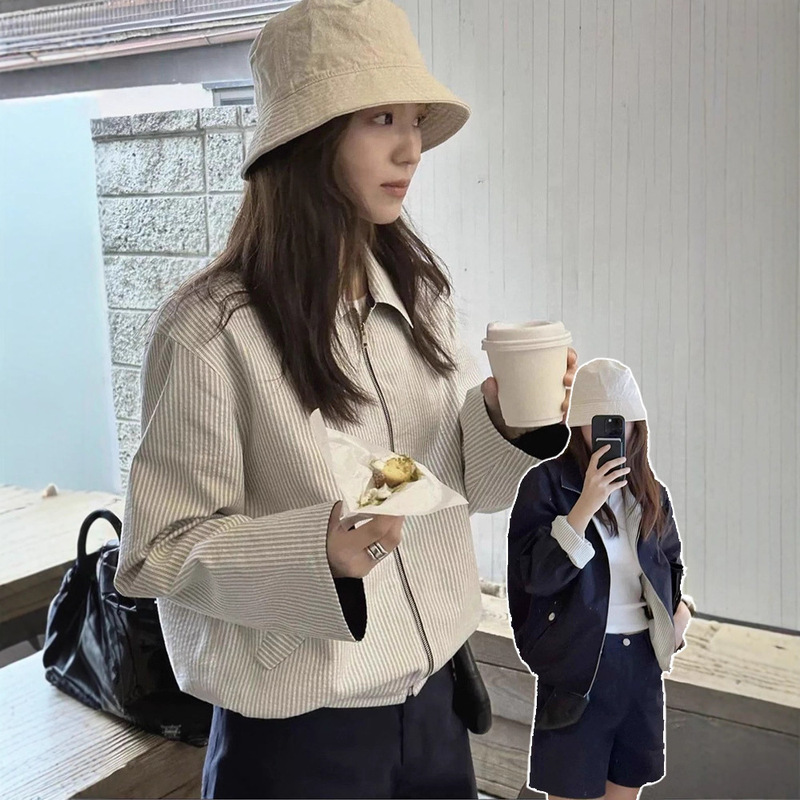 In-Stock Reversible Striped Lapel Jacket for Women 2025 Spring Korean Dongdaemun Casual Loose Double-Sided Coat G*D