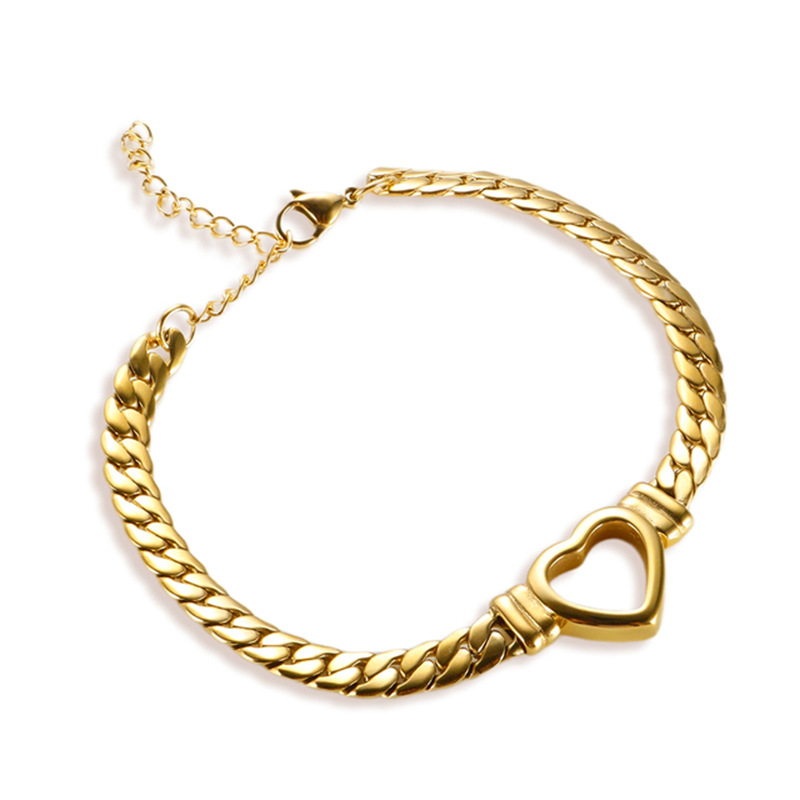 Collar con colgante de corazón de cadena plana hueca de acero de titanio chapado en oro cubano de Lina Girl, nueva tendencia para mujer._voghion.com