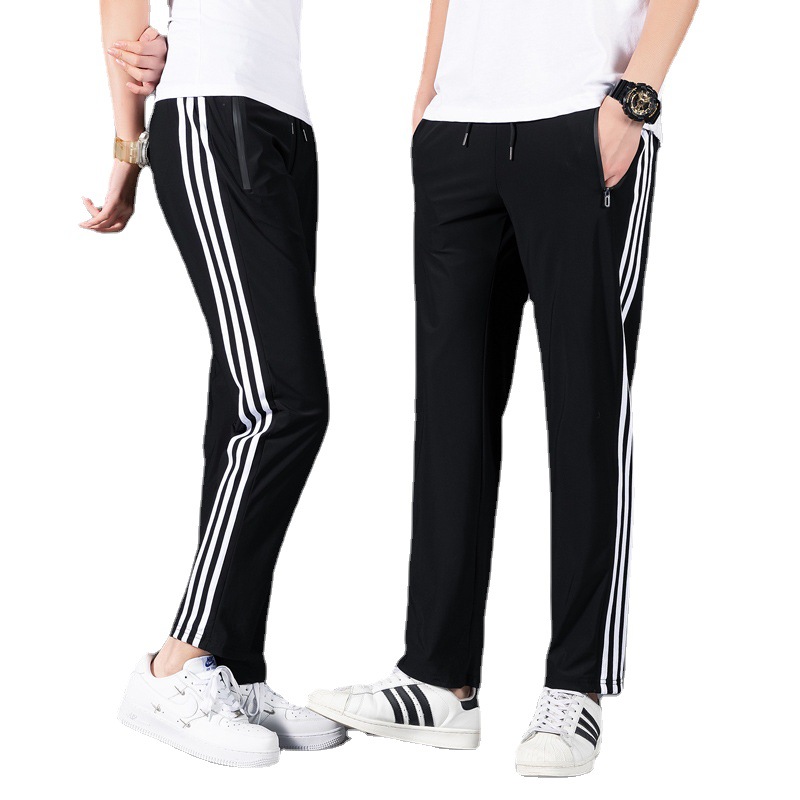 Tres barras pantalones de seda de hielo de verano Pantalones casuales deportivos elásticos de secado rápido para hombres sueltos más tamaño