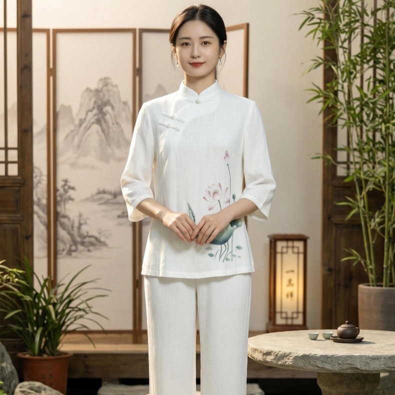 新中式棉麻禅修服女盘扣立领春秋茶服居士服宽松透气瑜伽太极服