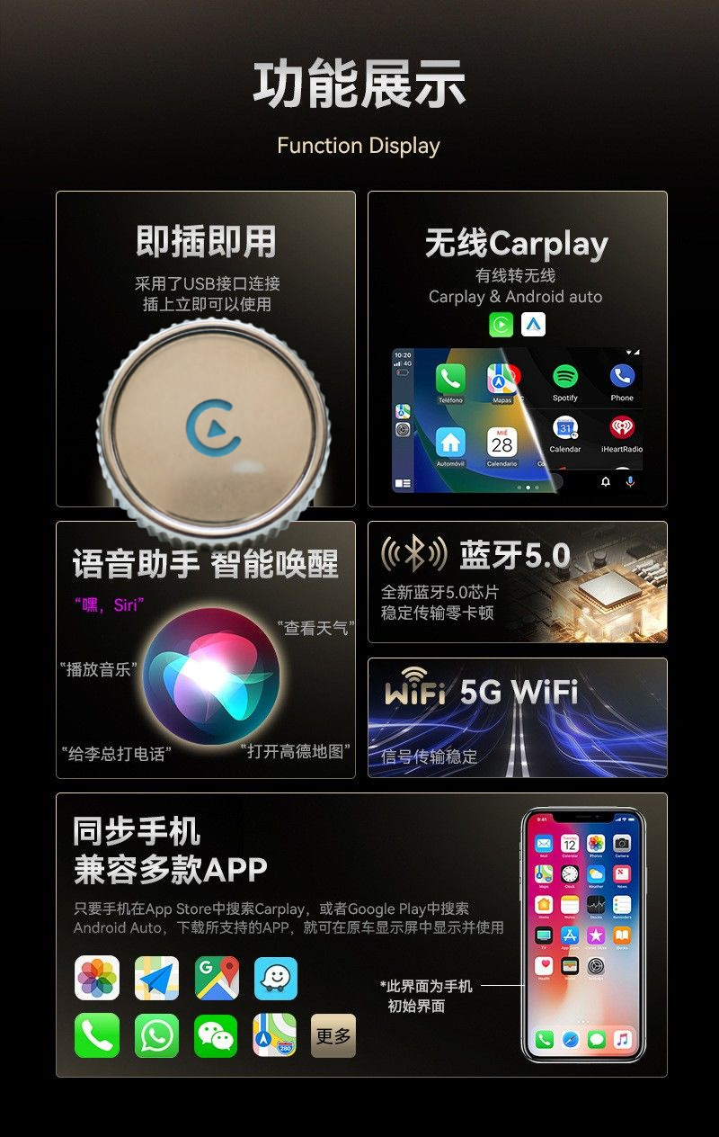 2-in-1 Carplay Box Wired to Wireless Carplay Box Android Auto Car Screen Projection Converter