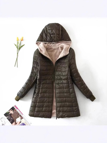 2025 Autumn/Winter New Korean Style Thick Fleece Lined Hooded Mid-Length Slim Fit Warm Lamb Wool Cotton Jacket for Women
