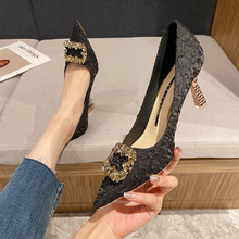 937-8 高跟鞋女春秋新款尖头浅口女鞋水钻方扣气质ol韩版细跟单鞋