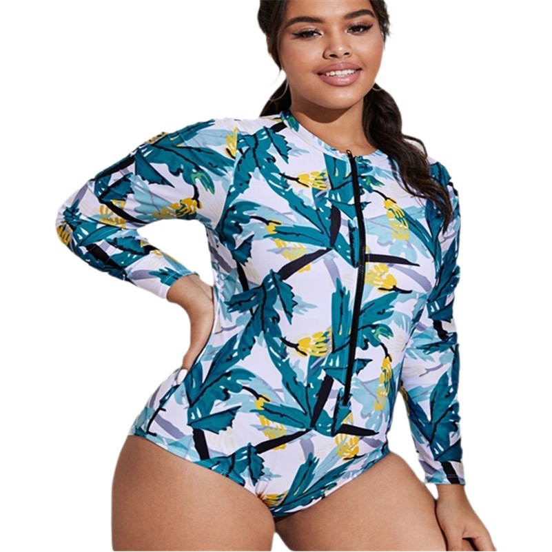 Transfronterizo nuevas mujeres europeas y americanas más el tamaño de una pieza traje de baño de manga larga con cremallera impresa mujer gorda AliExpress conservador traje de baño