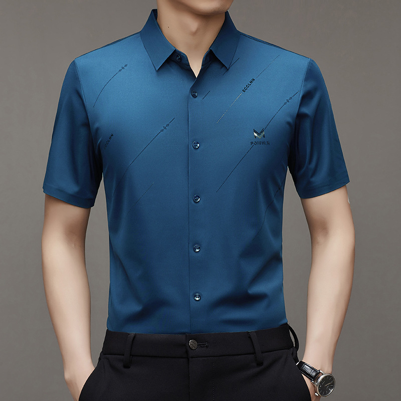 Tiktok transmisión en vivo Hombres misma camisa verano nuevos hombres casual Camisa de manga corta sin planchado entrega de una sola pieza elástica alta