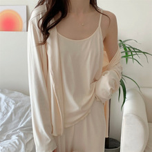 韩国chic女士睡衣秋季新品纯色舒适柔软三件套吊带长袖长裤家居服