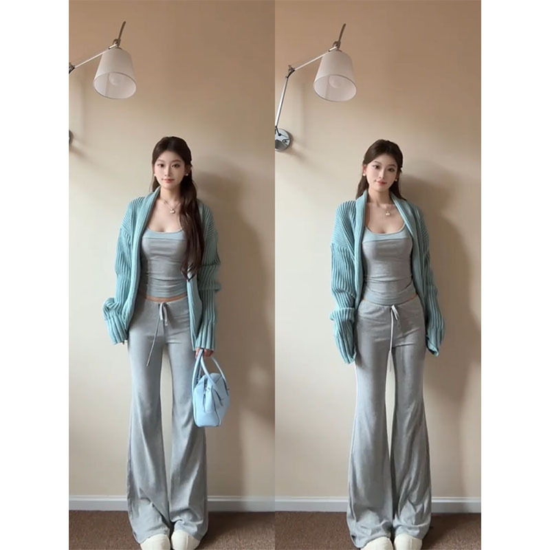 Blue ribbed knit cardigan vest camisole base layer women's slim fit flared casual pants suit