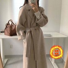 2025高端新赫本风毛呢大衣女韩版极简主义西装领系带中长款风衣潮