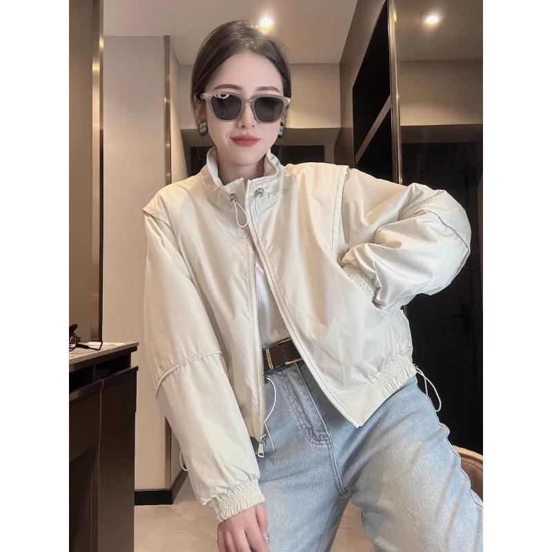 短款棒球服外套女欧货2024春季新款小个子时尚褶皱设计感立领夹克
