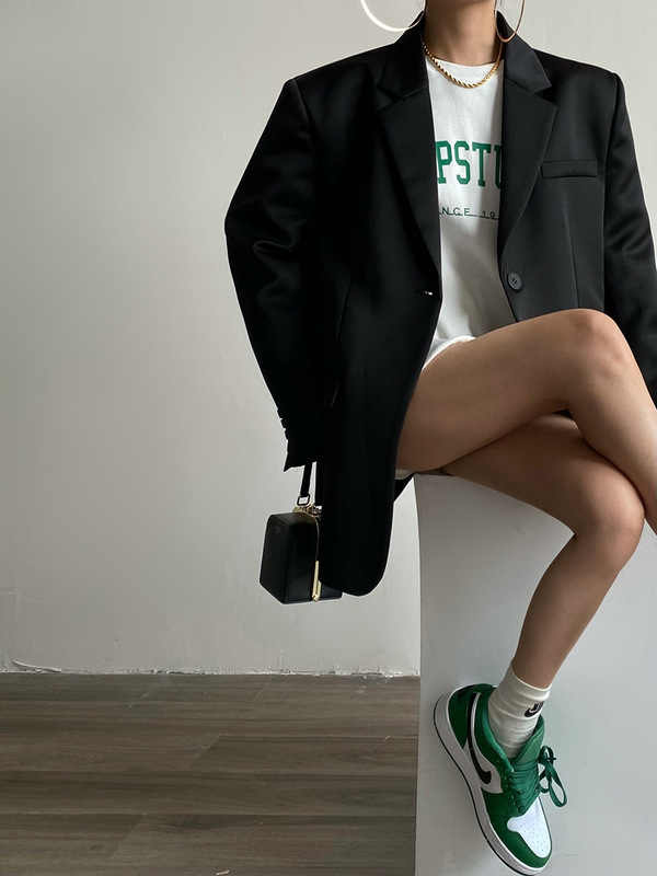 现货缎面光泽感小西装外套女2024春秋一粒扣垫肩西服|undefined