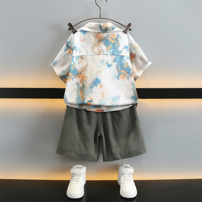 5711 Traje de manga corta de camisa de estilo occidental de verano para niños 2025 nuevo y hermoso vestido de verano para niños delgado tie-dye frito callejero