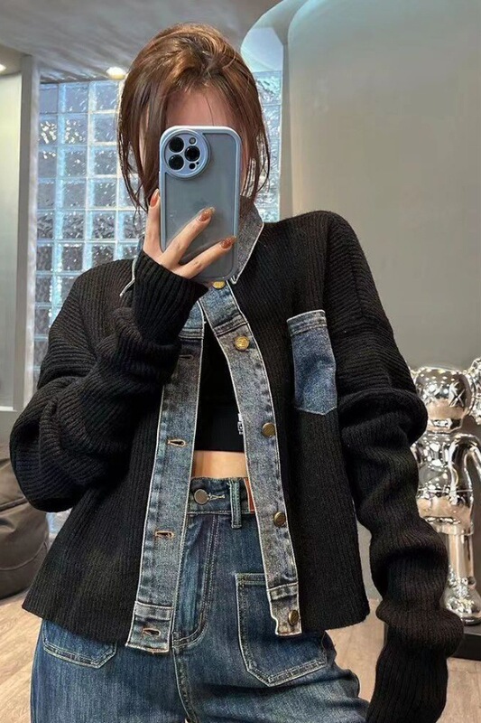 Designed Retro Denim Splicing Knitwear Knitwear for Women Early Autumn 2023 New Tops Loose Fashion Jacket Designed Retro Denim Splicing Knitwear Knitwear for Women Early Autumn 2023 New Tops Loose Fashion Jacket