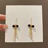 Black retro small earrings with bow from pearl, french style, Chanel style