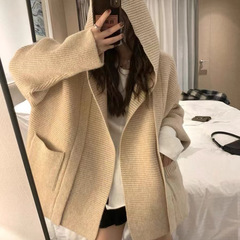 跨境欧洲站针织开衫上衣女秋冬新款连帽宽松大码慵懒外穿毛衣外套