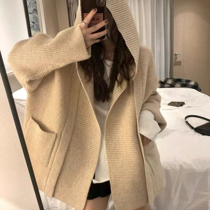 Cross-Border European Station Knitted Cardigan Top Women's Autumn and Winter New Hooded Loose Large Size Lazy Outer Sweater Jacket Cross-Border European Station Knitted Cardigan Top Women's Autumn and Winter New Hooded Loose Large Size Lazy Outer Sweater Jacket