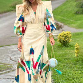 欧美亚马逊2024秋季新款印花设计感时尚气质通勤裙套装连衣裙女