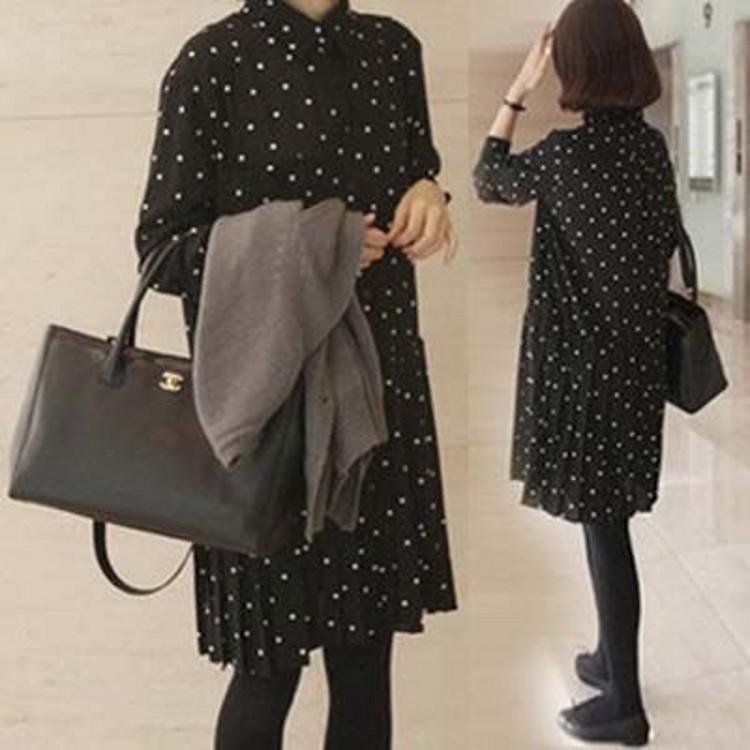 2025 New Korean Style Loose Polka Dot Long-Sleeved Chiffon Dress for Women, Versatile Mid-Length Pleated Autumn and Winter Base Dress