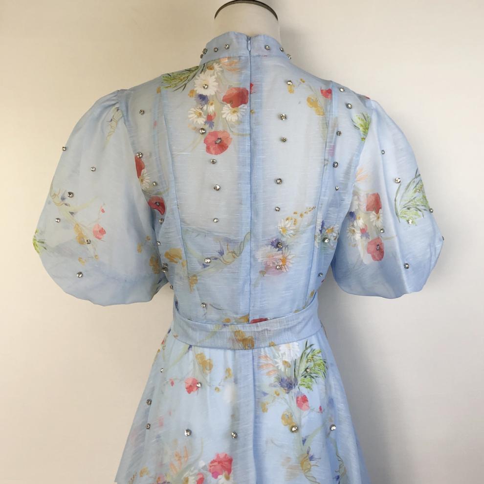 Đầm maxi nữ thắt eo cổ đứng tay lồng đèn đính đá phong cách Pháp — Màu trơn xanh lam, Màu trơn trắng, Hoa xanh da trời, Hoa hồng đậm chi tiết 22