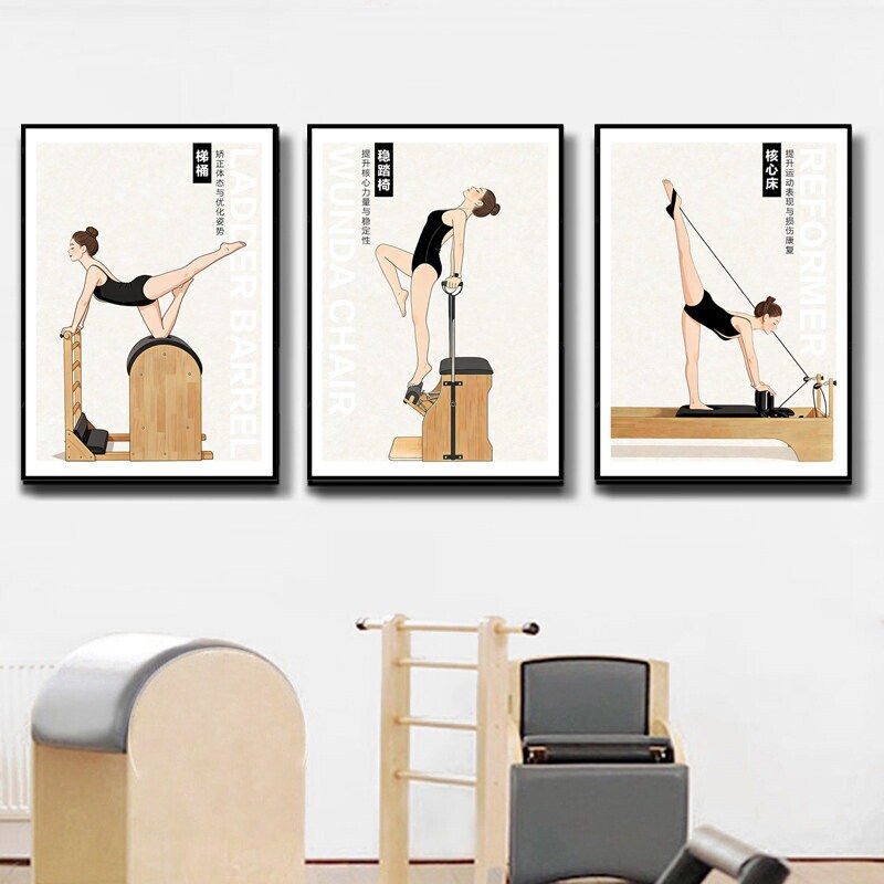 Pilates wall art, yoga studio wall decoration painting, cartoon girl core bed, stable step chair, large equipment, body sculpting mural Pilates wall art, yoga studio wall decoration painting, cartoon girl core bed, stable step chair, large equipment, body sculpting mural