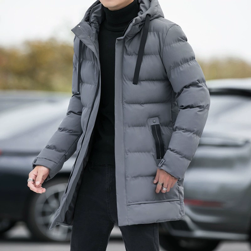 Long winter men's down jacket with hood, mid-length