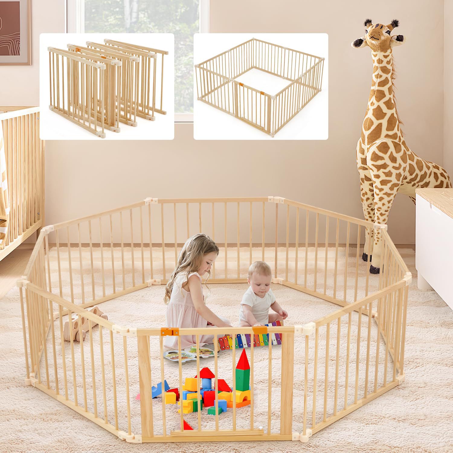 Wooden Baby Fence Household Children's Crawling Fence Baby Toddler Safety Floor Game Guardrail Easy to Store
