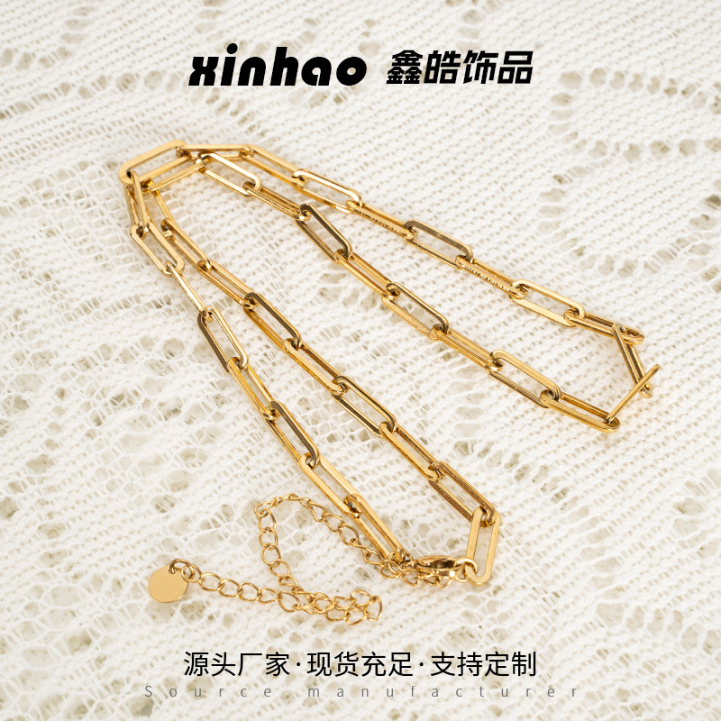 欧美简约不锈钢链条项链18K金锁骨链回形针十字链嘴唇链长方O链