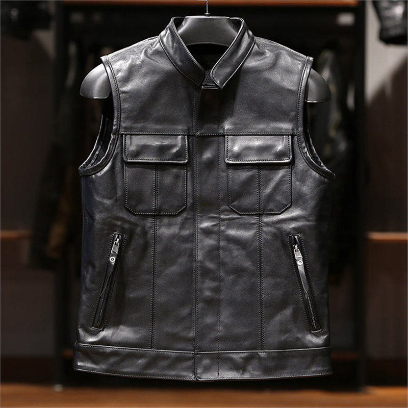 2022 New Chaotic Children Genuine Leather Vest Men's Club Group Purchase Stand Collar Motorcycle Horsehide Vest