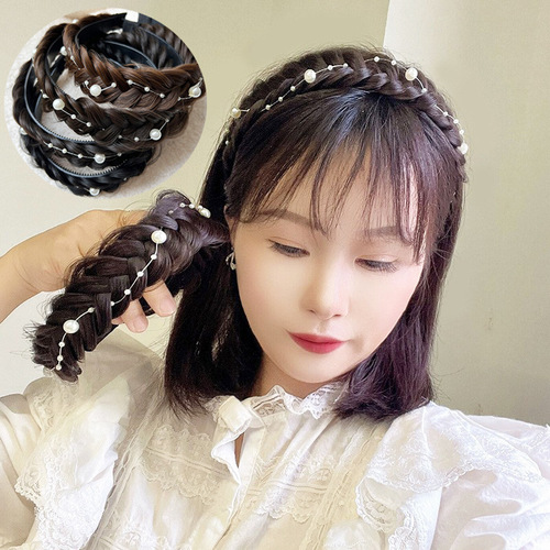 Fishbone hairband with fake hair, pearl fishbone braided hairband, twisted hairband wig, anti-slip hair accessory, stylish and trendy.