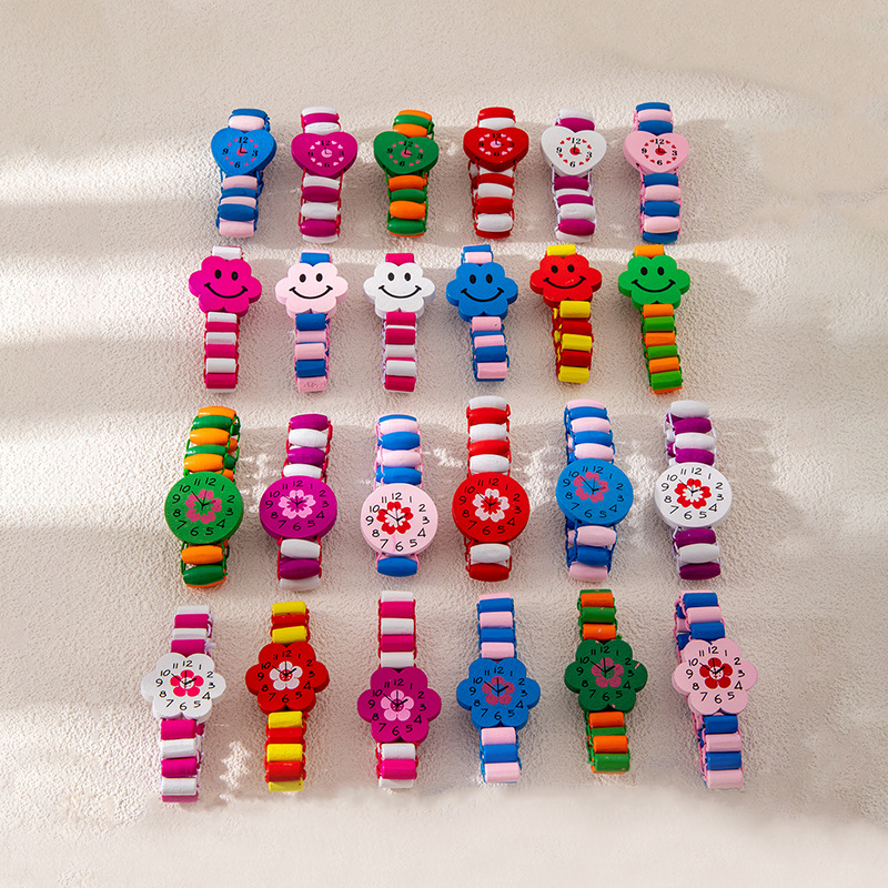 Cross-Border Foreign Trade Hot-Selling Trendy Children's Jewelry Colorful Wooden Watch-Shaped Bracelets Cartoon Flower Heart Bracelets