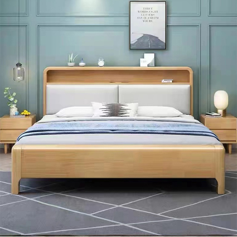 Nordic solid wood bed 1.8 soft double bed with night light 1.5 m1.35 modern simple small apartment 1.2 Storage Bed