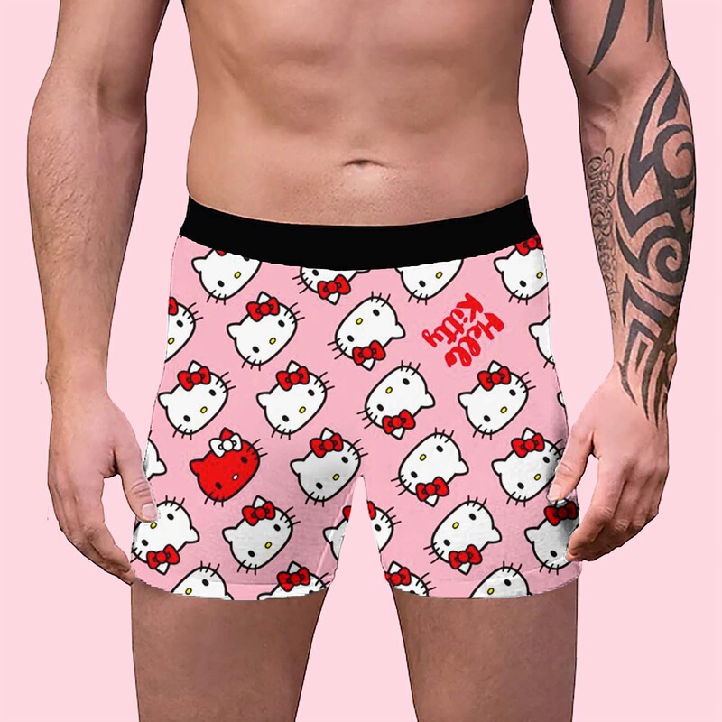 Hellokitty Cat Cute 3D Printed Men's Underwear Mid-Waist Elastic Breathable Milk Silk Boxer Briefs