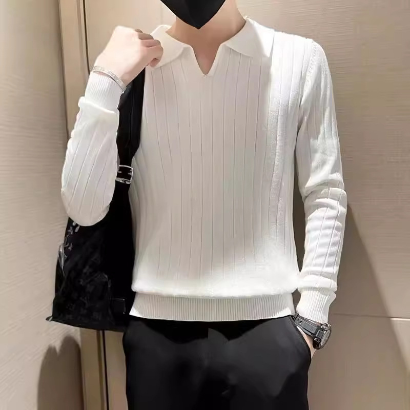 Striped Knitted Shirt Men's Spring Fashion Lapel Polo Sweater Base Shirt High-end Handsome Fashionable Brand Duffy Handsome Clothes for Men