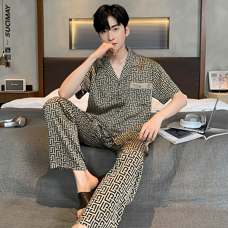 New Southeast Asian Thin Imitation Silk Ice Silk Pajamas Men's Jacquard Cardigan Short-Sleeved Pants Plus Size Home Clothes