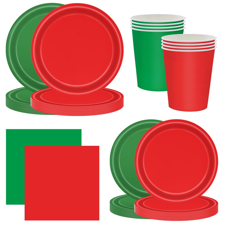 Red Green Solid Color Party Tableware Set Christmas New Year Festival Disposable Party Paper Plate Tissue Paper Cup