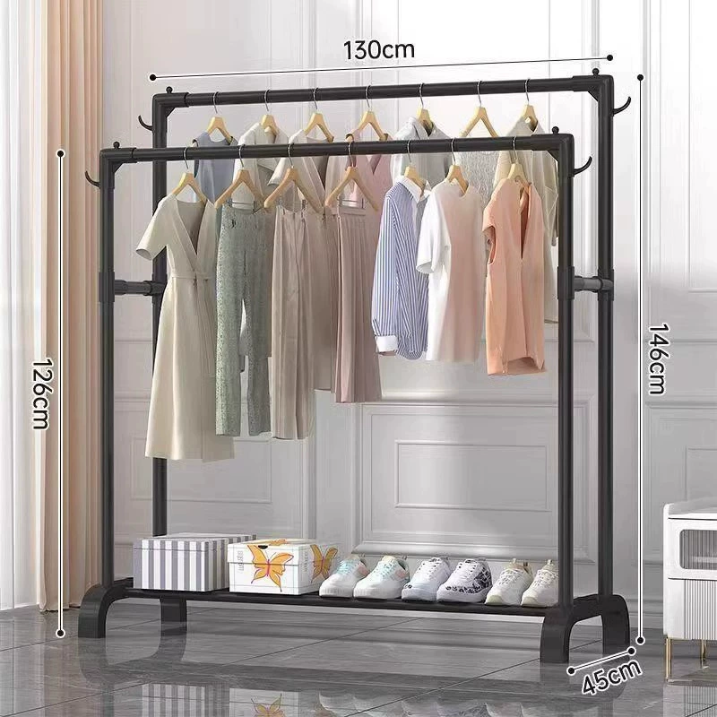 Folding 2-Tier Clothes Drying Rack with Bottom Shelf for Home or Dorm, Double Rail, Wheels, Black/White