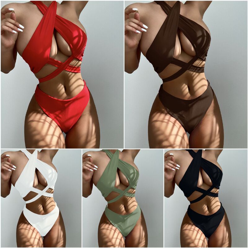 2022 AliExpress European and American Foreign trade Women's split swimsuit sexy halter lace-up solid color bikini factory wholesale