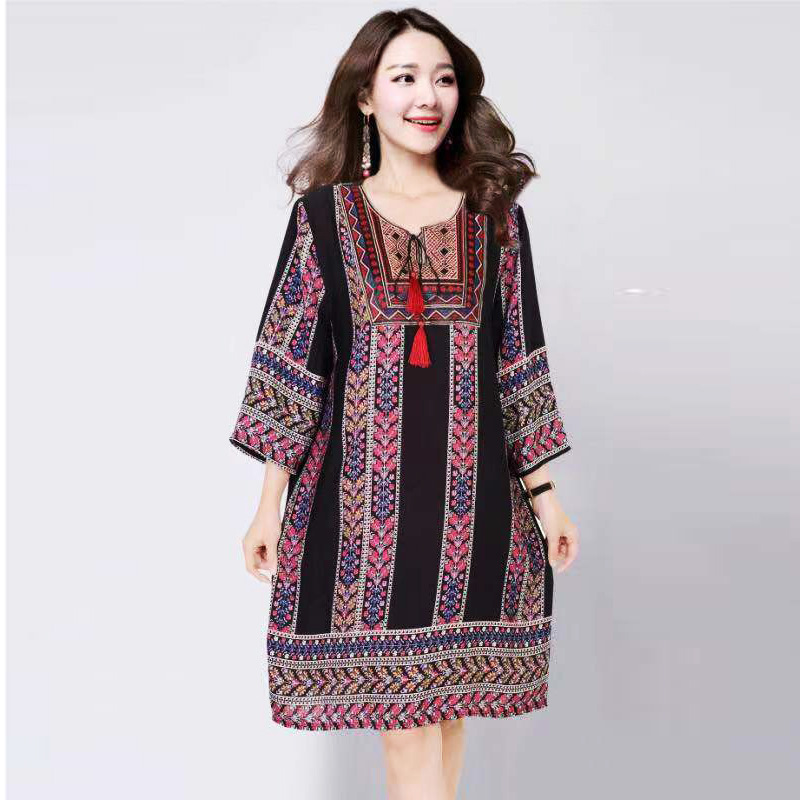 タイ風Aラインコットンワンピース、夏向け、クロスボーダーコットンシルクワンピース、アーティスティックレトロエスニック風婦人服