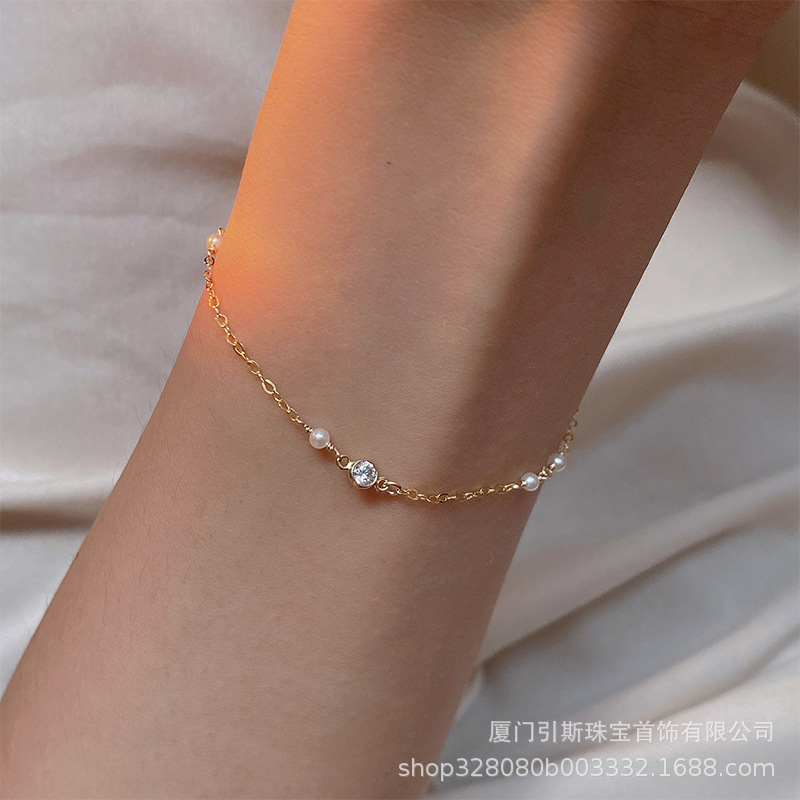 Lead/Shi Jia strong light round pearl flash diamond bracelet American 14K gold packing Gold non-fading elegant fine bracelet