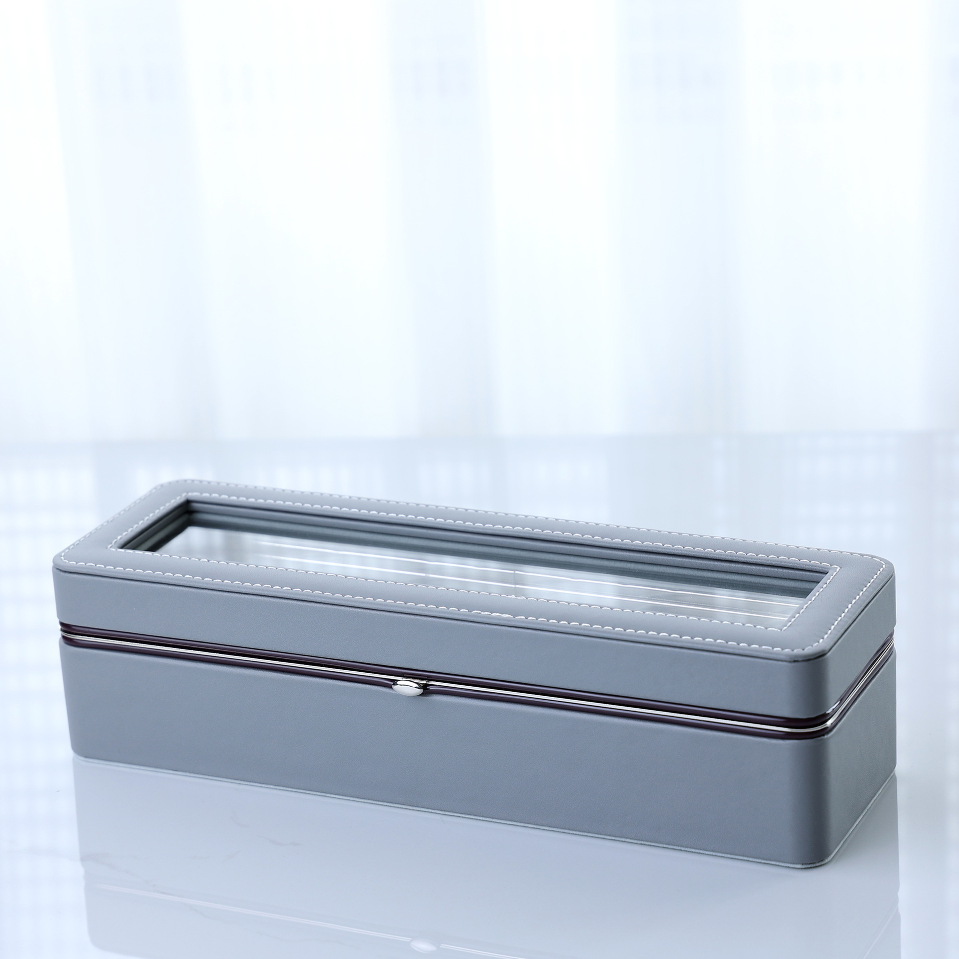 Jinqi embalaje de alta gama PU cuero metal borde hierro bisagra 6-bit caja de reloj joyería de almacenamiento caja de embalaje de visualización